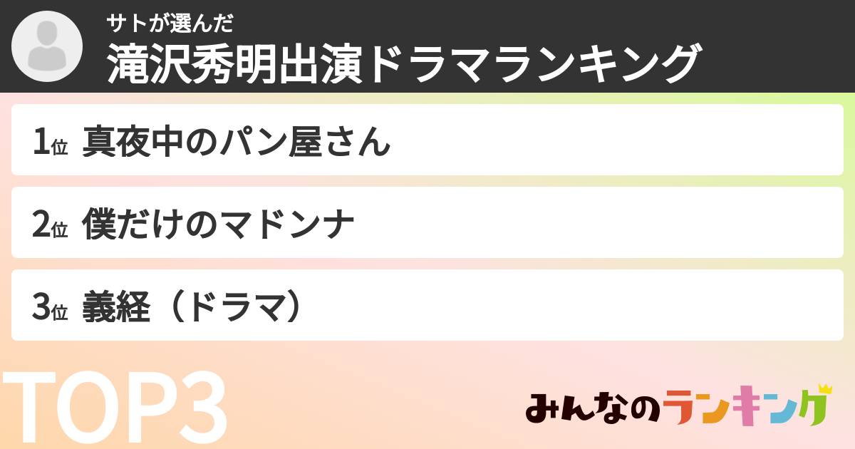 サトさんの「滝沢秀明出演ドラマランキング」