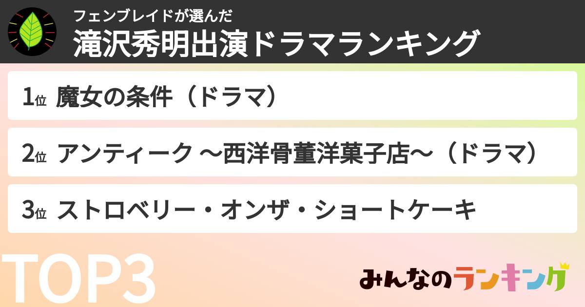 フェンブレイドさんの「滝沢秀明出演ドラマランキング」