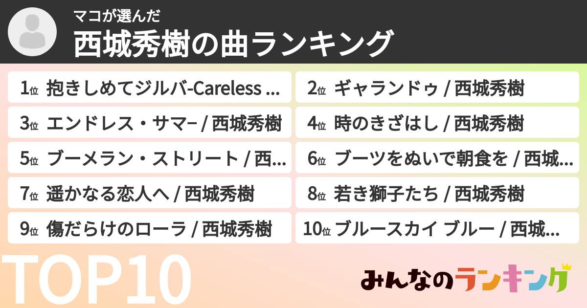 マコさんの「西城秀樹の曲ランキング」