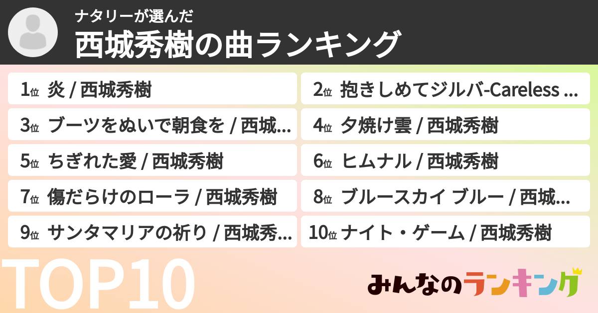 ナタリーさんの「西城秀樹の曲ランキング」