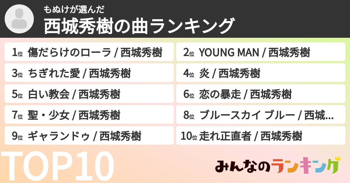 もぬけさんの「西城秀樹の曲ランキング」