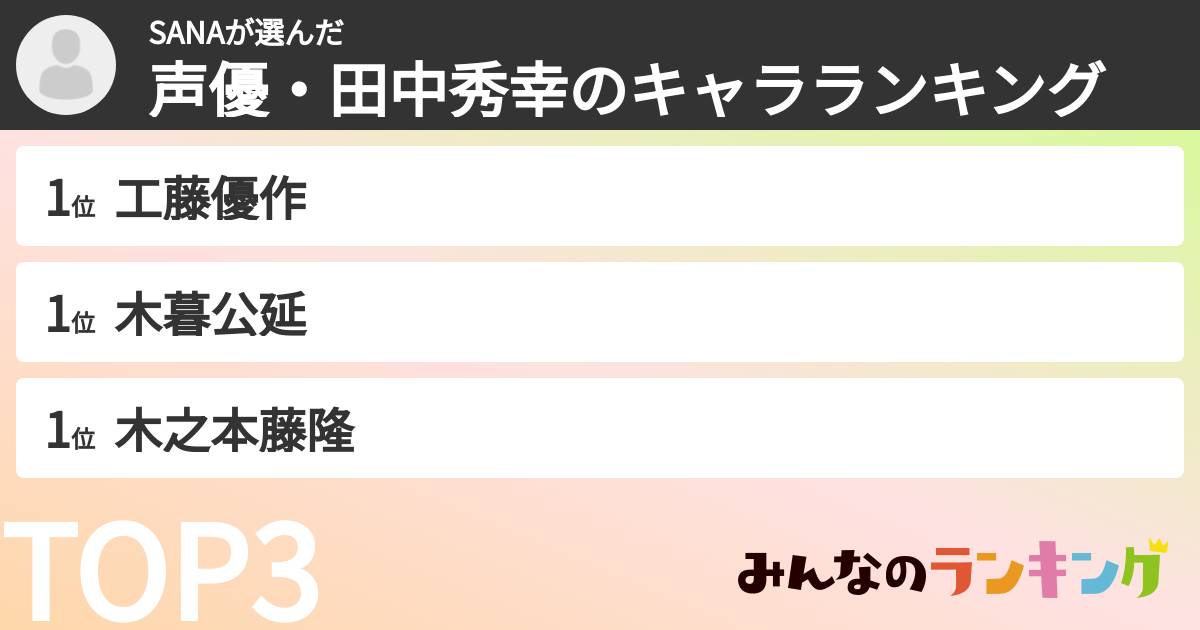 SANAさんの「声優・田中秀幸のキャラランキング」