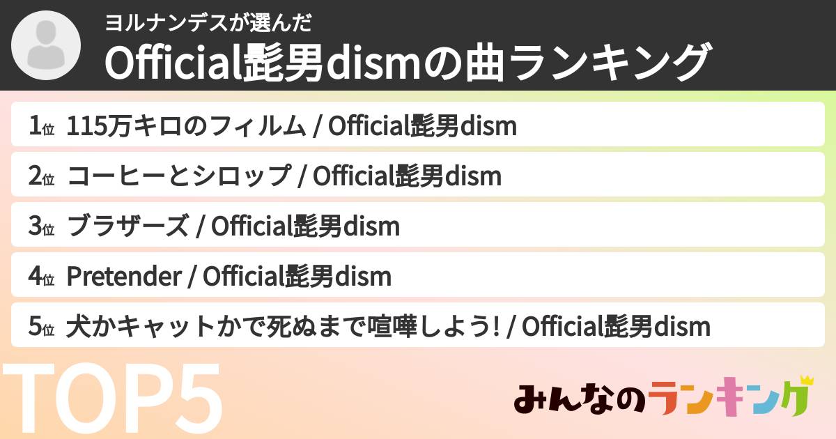 ヨルナンデスさんの「Official髭男dismの曲ランキング」