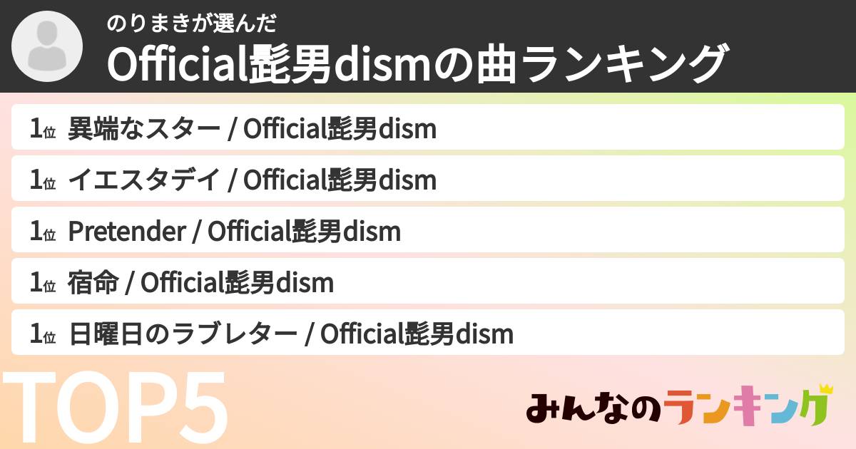 のりまきさんの「Official髭男dismの曲ランキング」