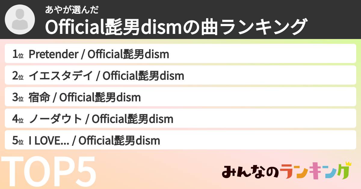 あやさんの「Official髭男dismの曲ランキング」