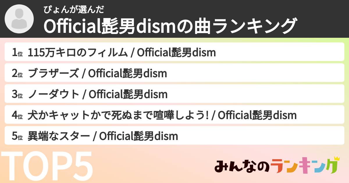 ぴょんさんの「Official髭男dismの曲ランキング」