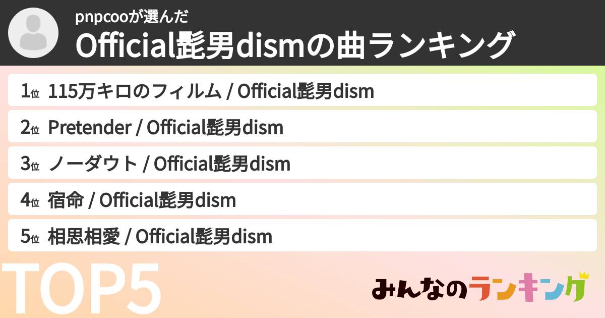 pnpcooさんの「Official髭男dismの曲ランキング」