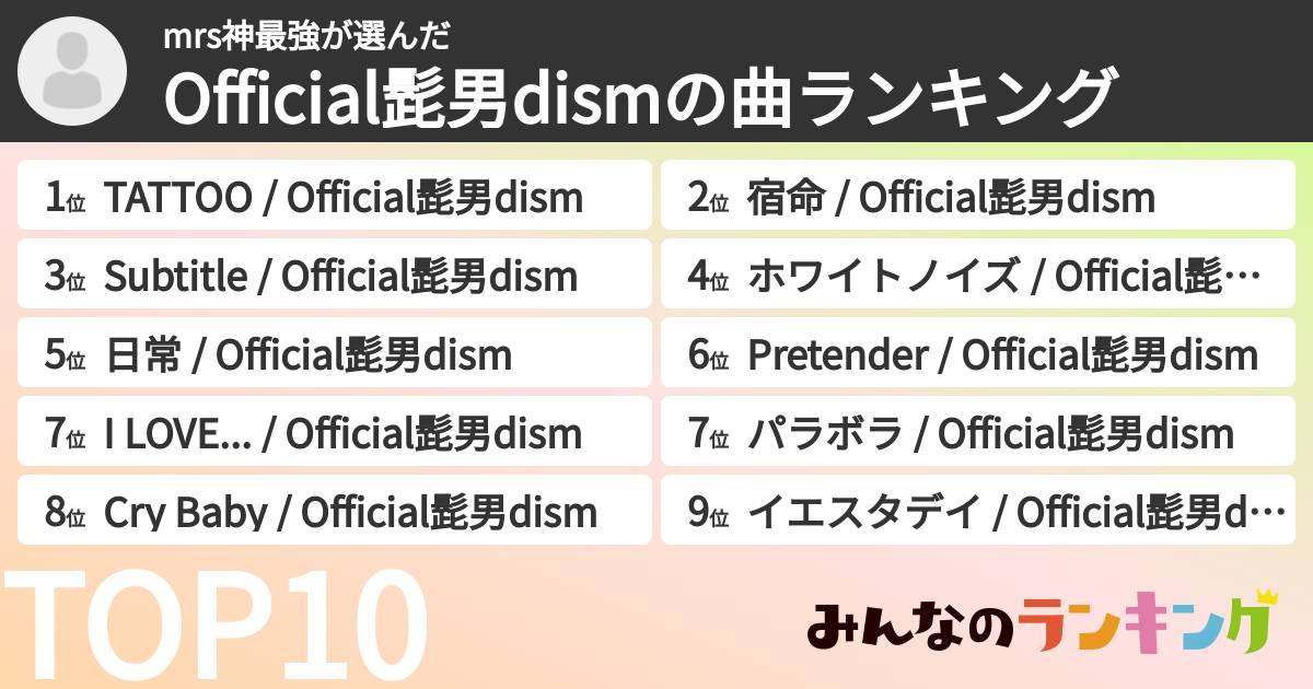 mrs神最強さんの「Official髭男dismの曲ランキング」