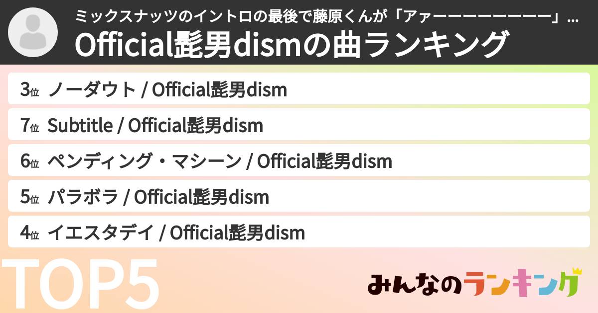 ミックスナッツのイントロの最後で藤原くんが「アァーーーーーーーー」って言ってるさんの「Official髭男dismの曲ランキング」