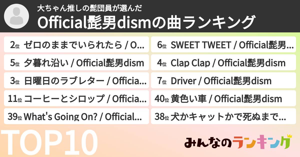 大ちゃん推しの髭団員さんの「Official髭男dismの曲ランキング」