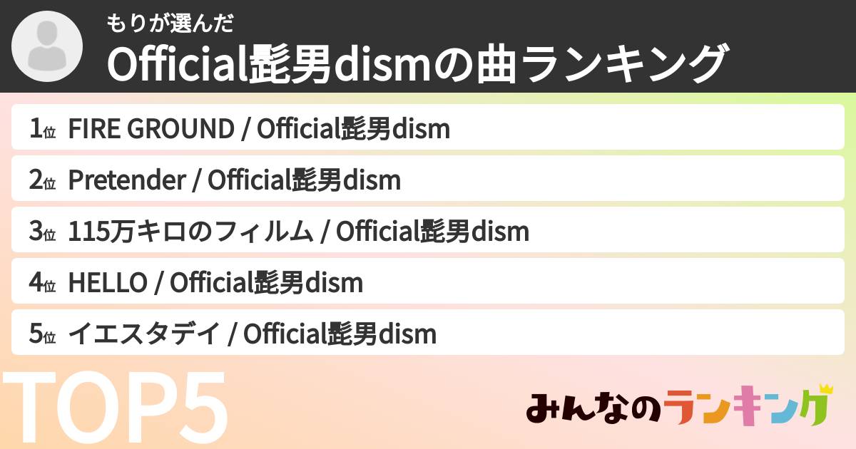 もりさんの「Official髭男dismの曲ランキング」
