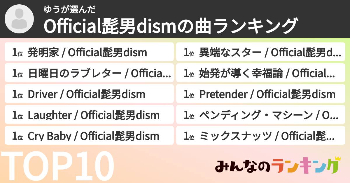 ゆうさんの「Official髭男dismの曲ランキング」