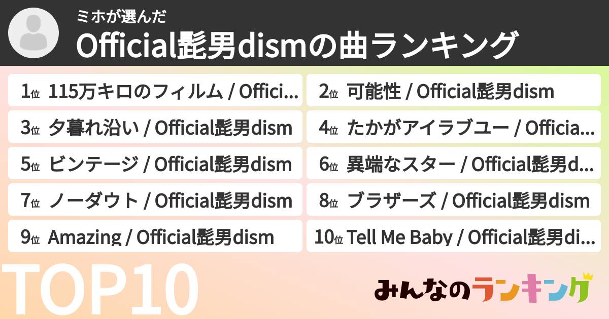 ミホさんの「Official髭男dismの曲ランキング」
