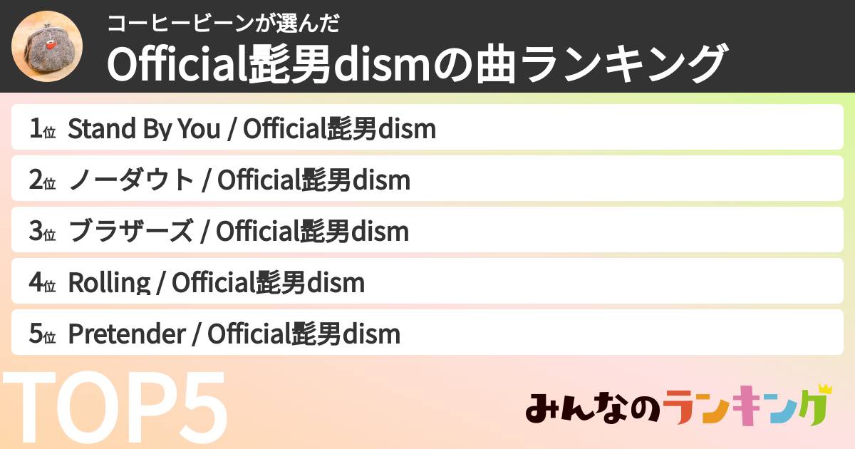 コーヒービーンさんの「Official髭男dismの曲ランキング」