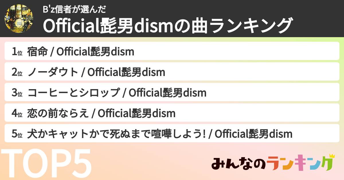 B'z信者さんの「Official髭男dismの曲ランキング」
