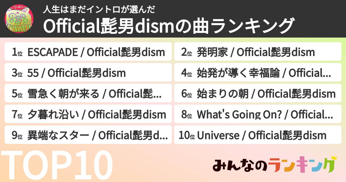 人生はまだイントロさんの「Official髭男dismの曲ランキング」