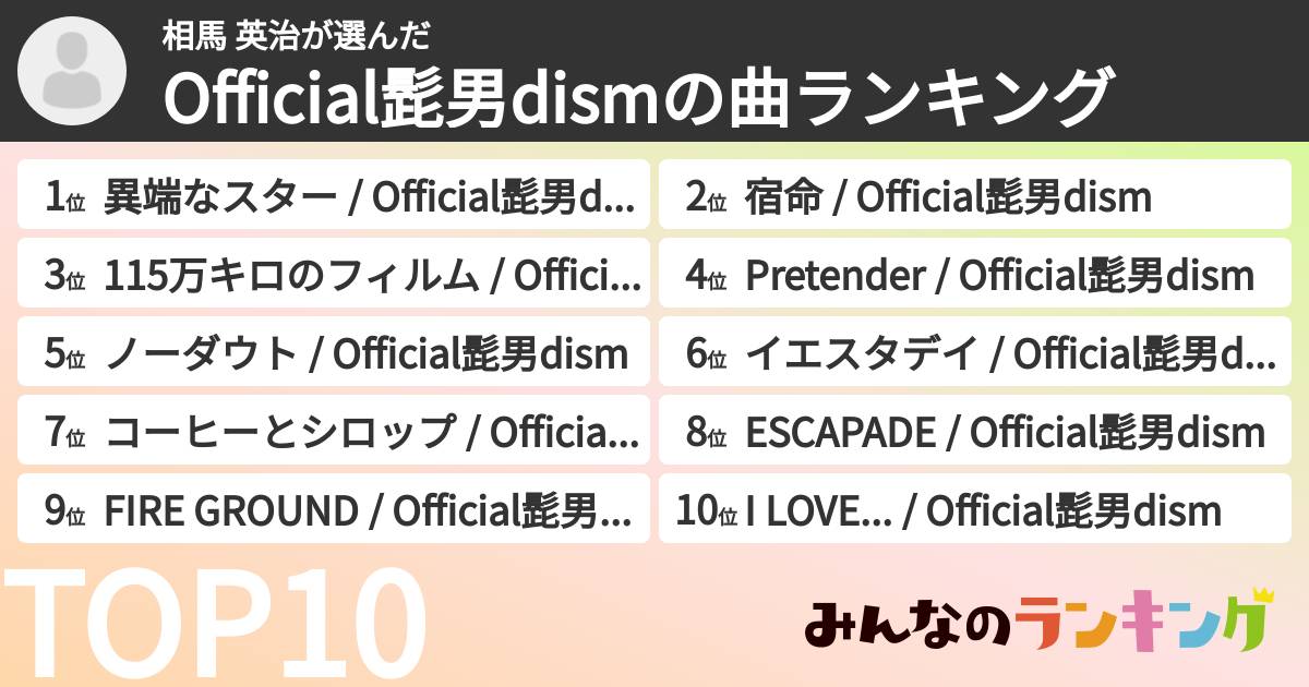 相馬 英治さんの「Official髭男dismの曲ランキング」