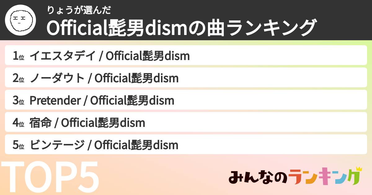りょうさんの「Official髭男dismの曲ランキング」