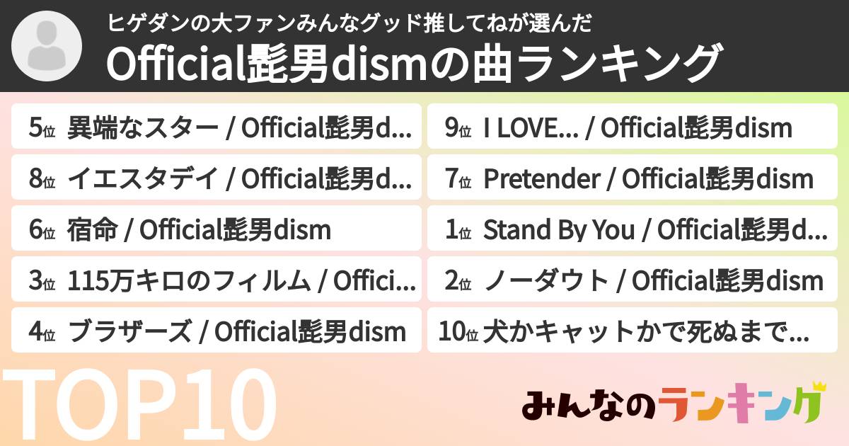 ヒゲダンの大ファンみんなグッド推してねさんの「Official髭男dismの曲ランキング」