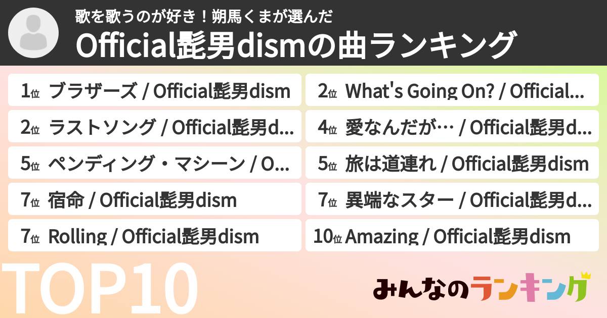 歌を歌うのが好き！朔馬くまさんの「Official髭男dismの曲ランキング」