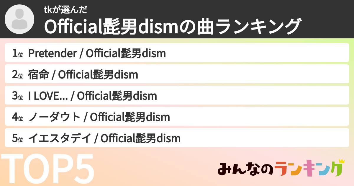 tkさんの「Official髭男dismの曲ランキング」