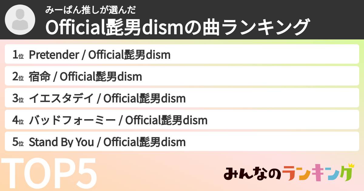 みーぱん推しさんの「Official髭男dismの曲ランキング」