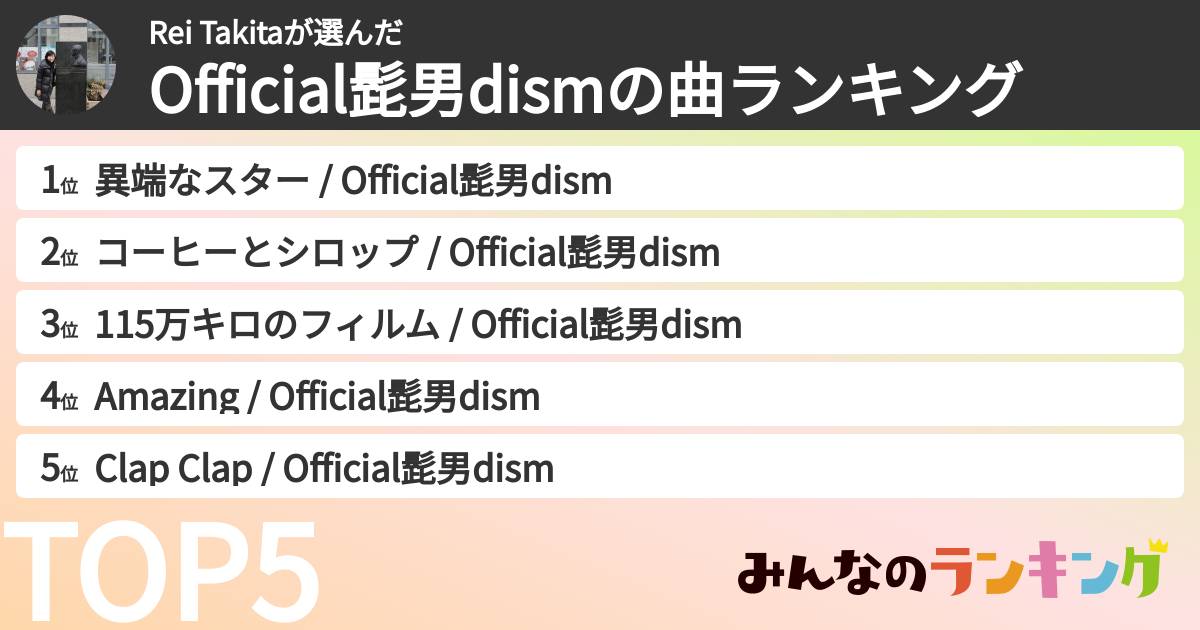 Rei Takitaさんの「Official髭男dismの曲ランキング」