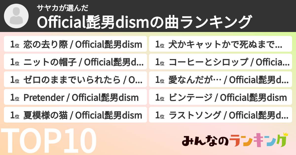 サヤカさんの「Official髭男dismの曲ランキング」