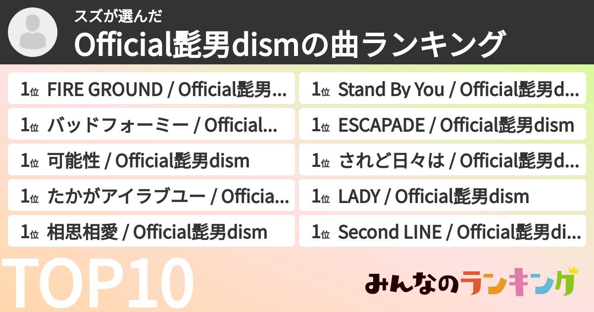 スズさんの「Official髭男dismの曲ランキング」