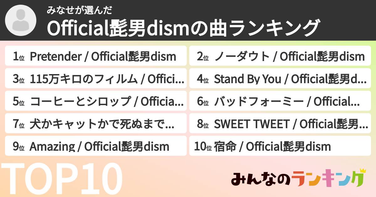 みなせさんの「Official髭男dismの曲ランキング」