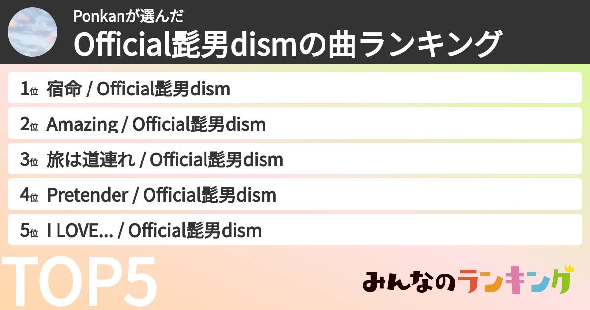 Ponkanさんの「Official髭男dismの曲ランキング」