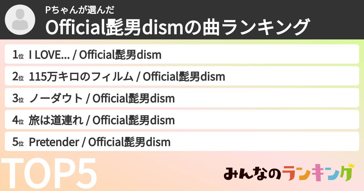 Pちゃんさんの「Official髭男dismの曲ランキング」