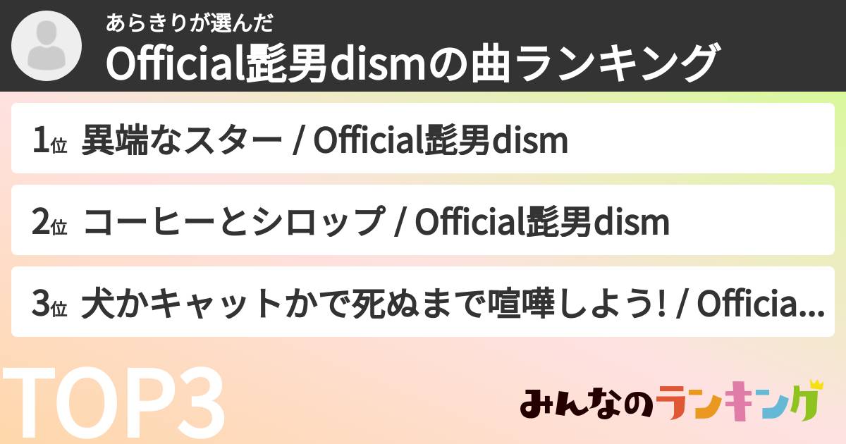 あらきりさんの「Official髭男dismの曲ランキング」