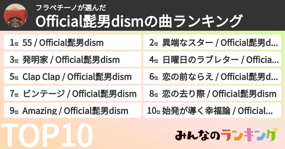 フラペチーノさんの「Official髭男dismの曲ランキング」