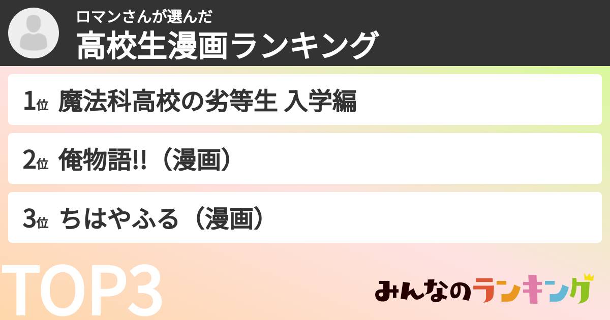 ロマンさんさんの「高校生漫画ランキング」