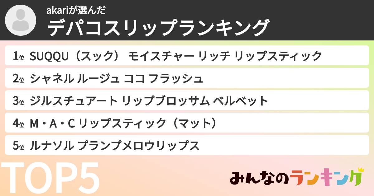 akariさんの「デパコスリップランキング」