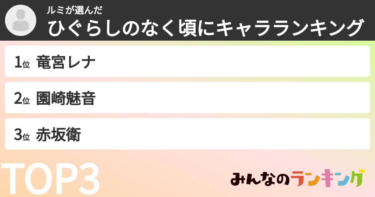 ルミさんの「ひぐらしのなく頃にキャラランキング」
