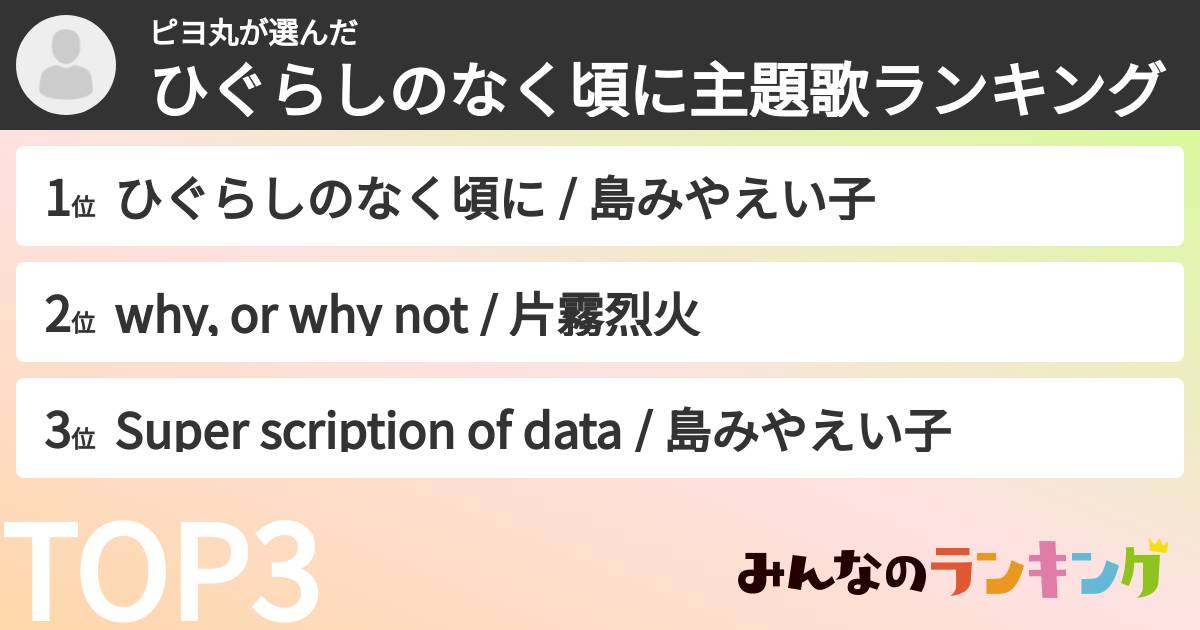 ピヨ丸さんの「ひぐらしのなく頃に主題歌ランキング」