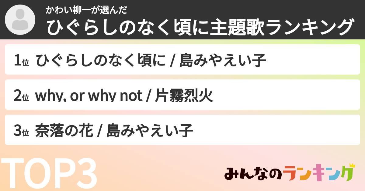 かわい柳一さんの「ひぐらしのなく頃に主題歌ランキング」