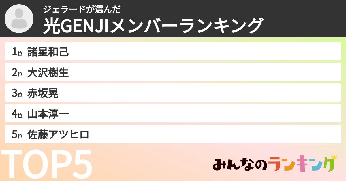 ジェラードさんの「光GENJIメンバーランキング」