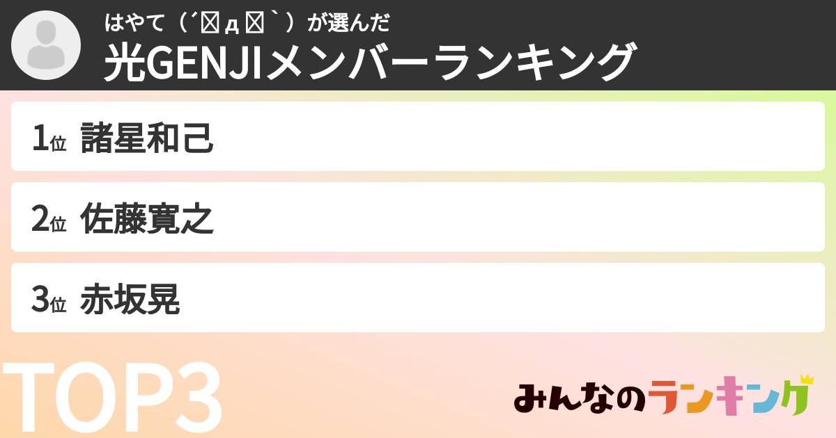 はやて（´◕ д ◕｀）さんの「光GENJIメンバーランキング」
