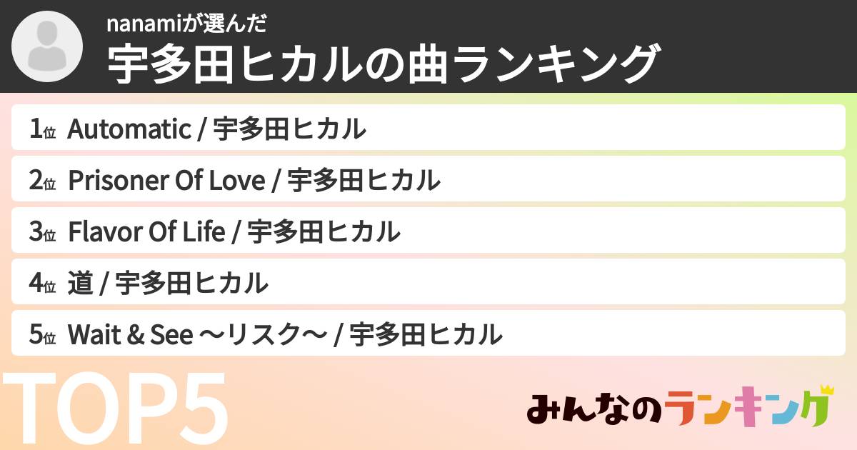nanamiさんの「宇多田ヒカルの曲ランキング」