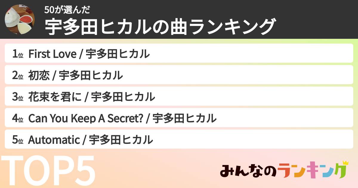 50さんの「宇多田ヒカルの曲ランキング」