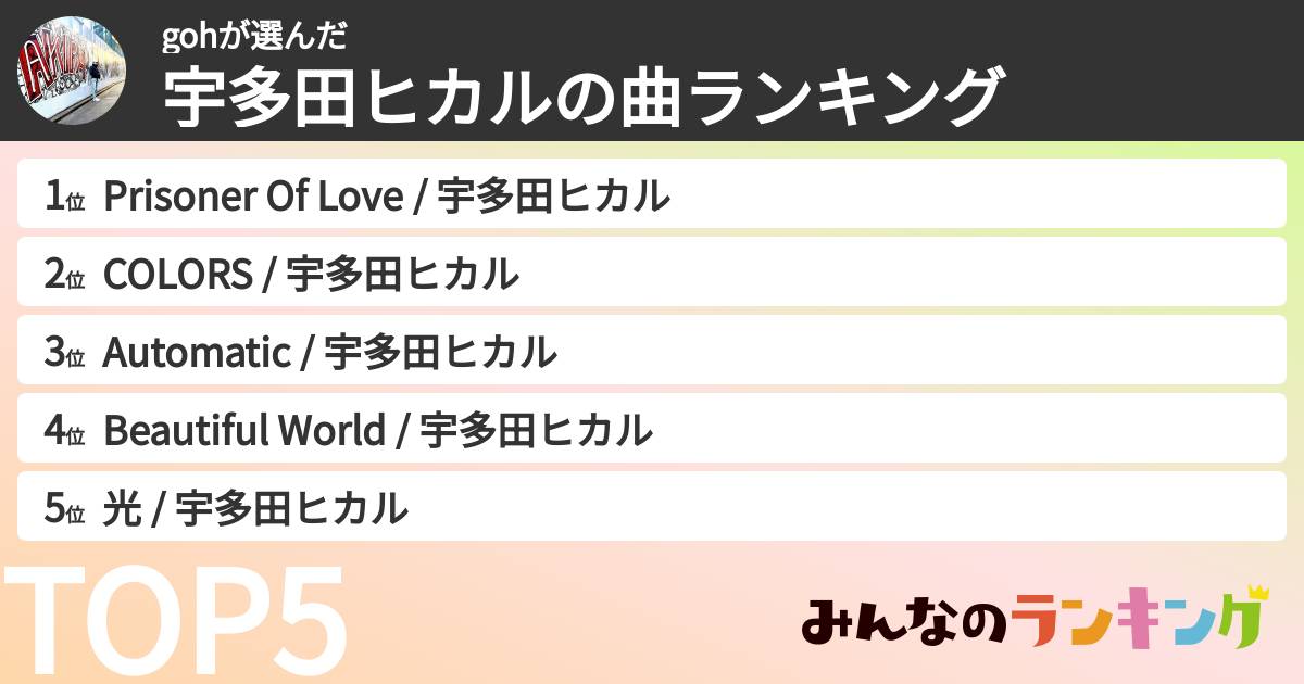 gohさんの「宇多田ヒカルの曲ランキング」
