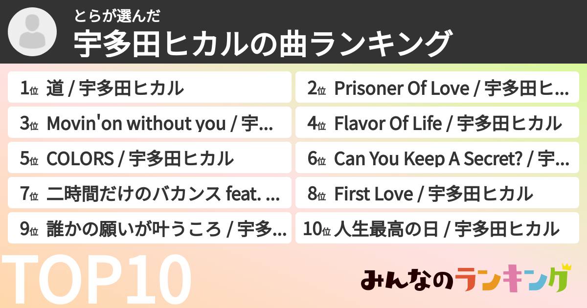 とらさんの「宇多田ヒカルの曲ランキング」