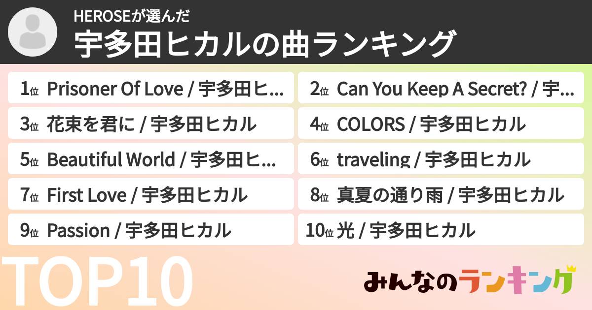 HEROSEさんの「宇多田ヒカルの曲ランキング」