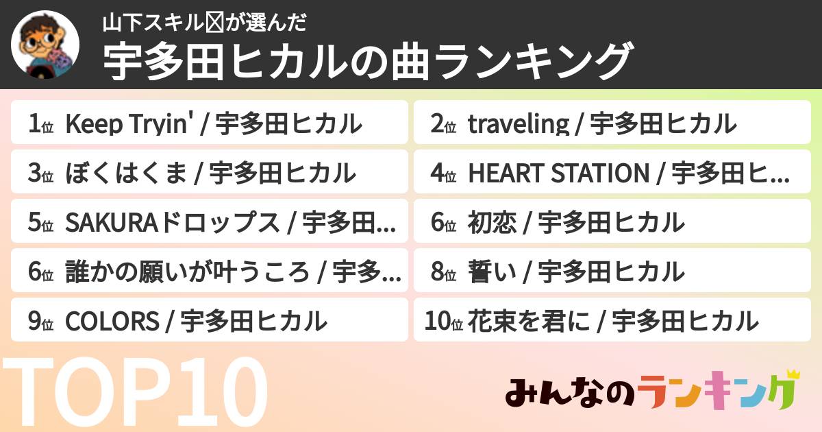 山下スキル☪さんの「宇多田ヒカルの曲ランキング」
