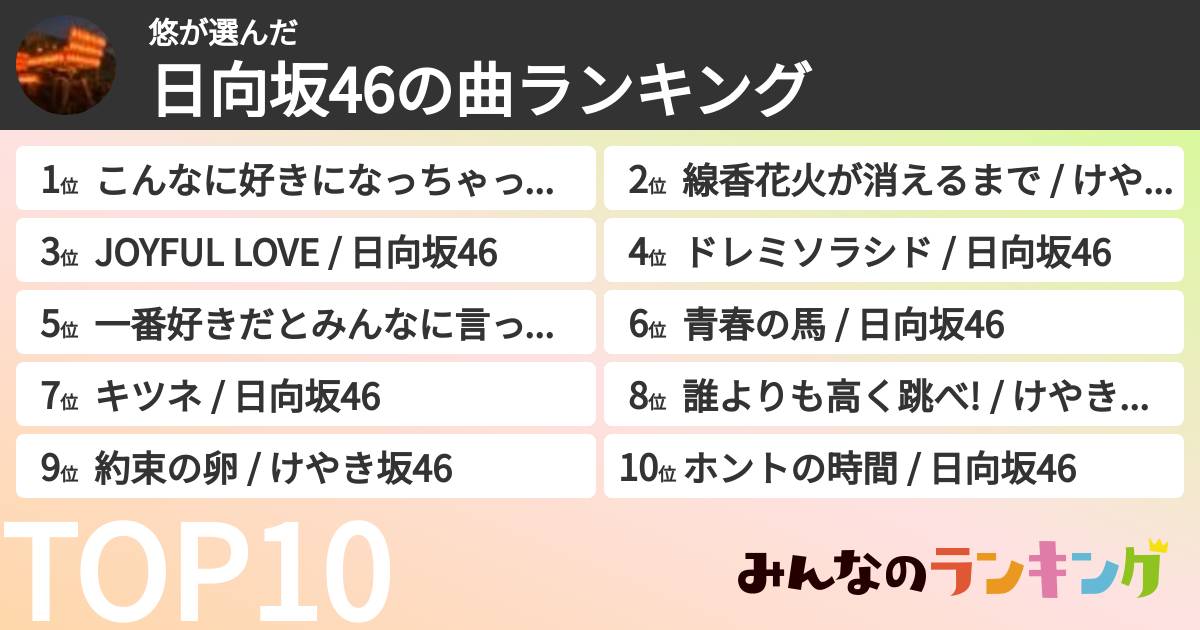 悠さんの「日向坂46の曲ランキング」