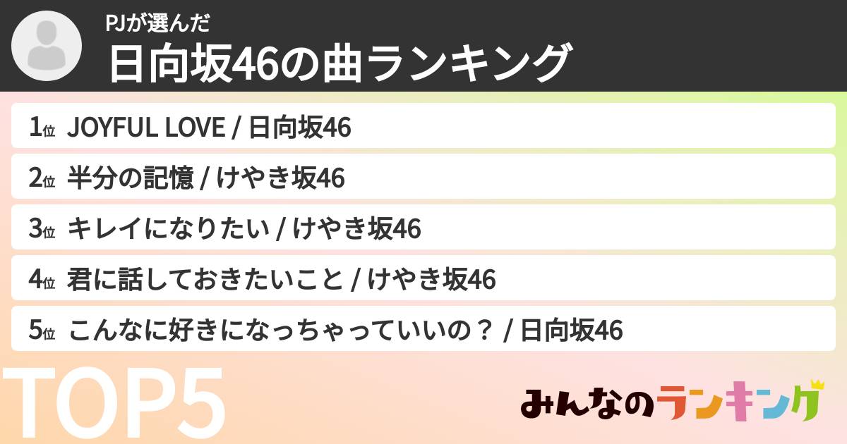 PJさんの「日向坂46の曲ランキング」