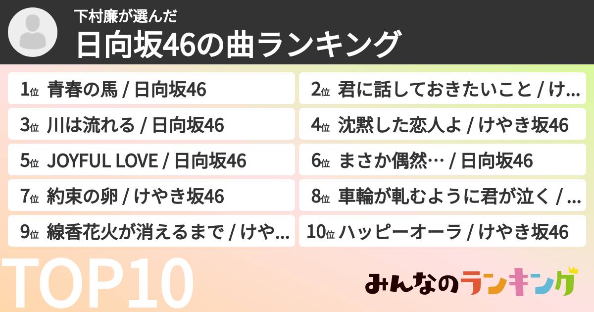 下村廉さんの「日向坂46の曲ランキング」